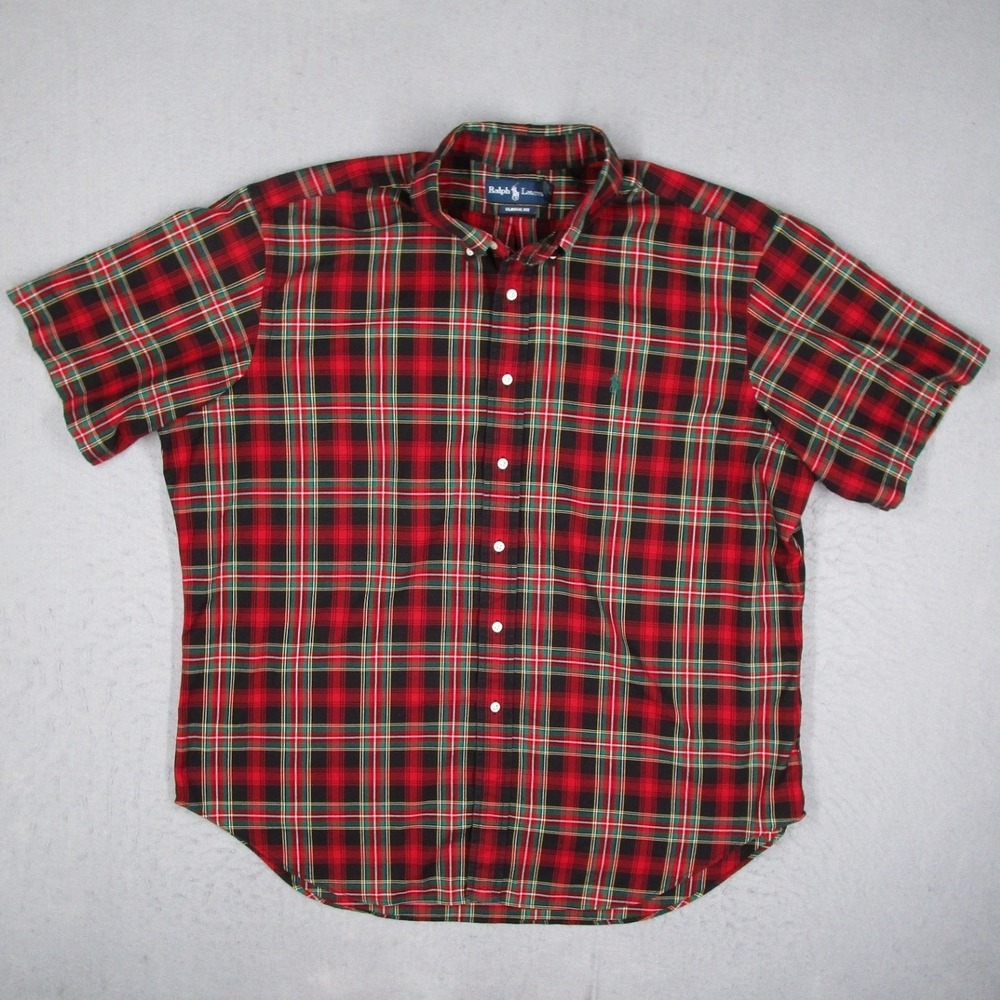 Ralph Lauren Mens XXL Classic Fit Red Plaid Short Sleeve Button Down Shirt Pony
